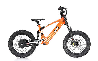 The Revvi 18" Kids Electric Balance Bike - Orange, crafted by Revvi, is an electric mountain bike designed with an eye-catching orange frame. It features thick tires and a black seat, enhanced by bold lines and the brand's name displayed prominently on the frame. Equipped with front and rear hydraulic disc brakes and a suspension system, it is ideally suited for navigating rough terrains.