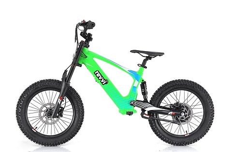 A striking green electric bike with a sleek design and wide, knobby tires stands against a white background. It features the "EWV" frame for off-road adventures and is equipped with hydraulic disc brakes. A perfect choice that mirrors the style and performance of the Revvi 18" Kids Electric Balance Bike - Green by Revvi.