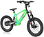 The Revvi 18" Kids Electric Balance Bike in green features thick black tires and a sturdy frame. Equipped with front suspension, hydraulic disc brakes, and a black handlebar showcasing the "Revvi" logo, this sleek and rugged bike is perfect for tackling challenging terrains.