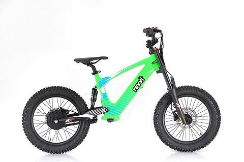 The Revvi 18" Kids Electric Balance Bike in green features thick black tires, a sturdy frame, and a centrally located battery. It comes equipped with hydraulic disc brakes and includes a black seat, front suspension fork, and handlebars with brake levers set against a white backdrop.
