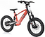 A Revvi 18" Kids Electric Balance Bike in red is showcased against a plain white backdrop, featuring rugged black tires, a suspension fork, and prominent "Revvi" branding on the frame, making it ideal for adventurous young riders.