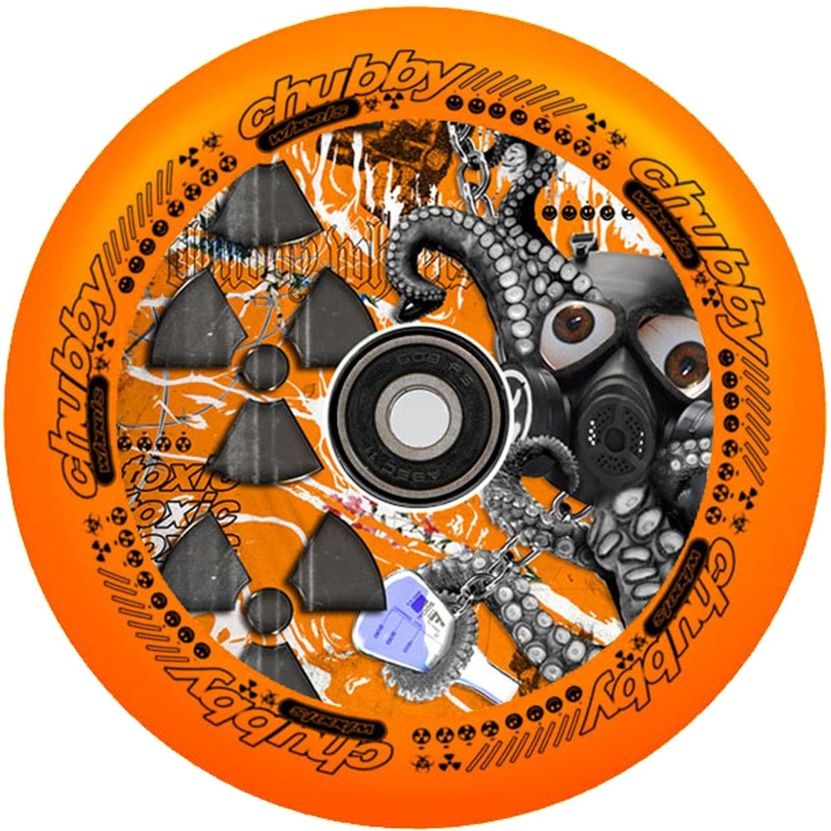 The Chubby Lab 110mm Hollowcore Stunt Scooter Wheel in Neon Orange showcases an intricate design of an octopus wearing a gas mask, complete with radioactive symbols and "chubby" lettering along the edges. This lightweight wheel includes a black bearing at its center, making it ideal for stunt scooters.