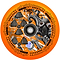 The Chubby Lab 110mm Hollowcore Stunt Scooter Wheel in Neon Orange showcases an intricate design of an octopus wearing a gas mask, complete with radioactive symbols and "chubby" lettering along the edges. This lightweight wheel includes a black bearing at its center, making it ideal for stunt scooters.