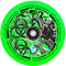 The Chubby Lab 110mm Hollowcore Stunt Scooter Wheel in Neon Green features vibrant green hues adorned with intricate black biohazard symbols, the text "Chubby," and a unique design of an octopus wearing a gas mask. The background is highlighted with neon hydrographic splashes of black and white for a striking appearance.