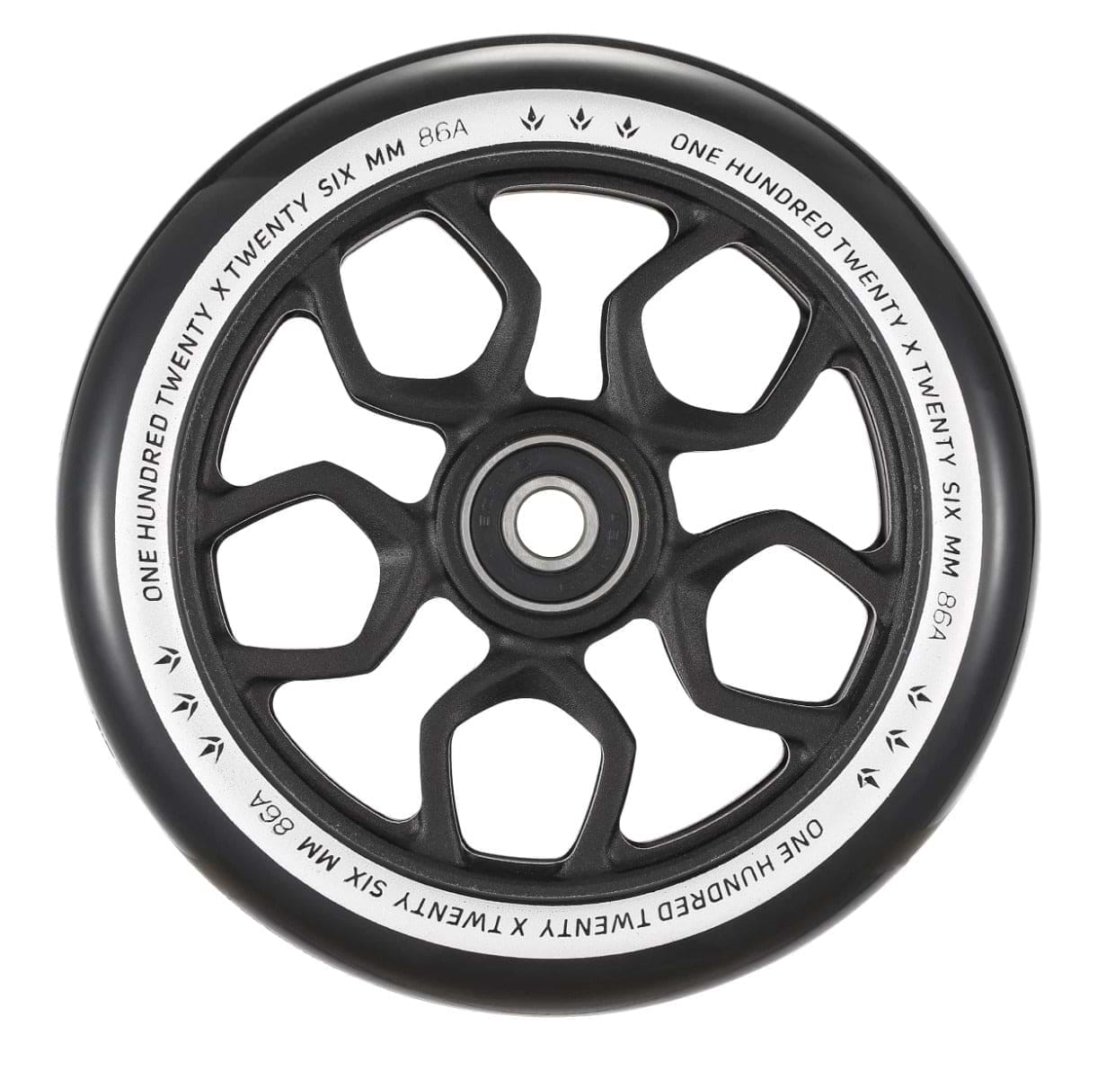 The Blunt Envy Lambo 120mm Stunt Scooter Wheel in black boasts a sleek, modern design inspired by Lamborghini wheels, with a white edge repeatedly inscribed with "ONE HUNDRED TWENTY X TWENTY SIX MM 86A" for optimal grip.