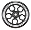 The Blunt Envy Lambo 120mm Stunt Scooter Wheel in black boasts a sleek, modern design inspired by Lamborghini wheels, with a white edge repeatedly inscribed with "ONE HUNDRED TWENTY X TWENTY SIX MM 86A" for optimal grip.