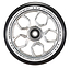 Close-up image of a Blunt Envy Lambo 120mm stunt scooter wheel in chrome silver, featuring a black tire. Designed for maximum grip, the wheel has hexagonal cutouts and text on the rim stating "One Hundred Twenty x Twenty Six MM 86A.