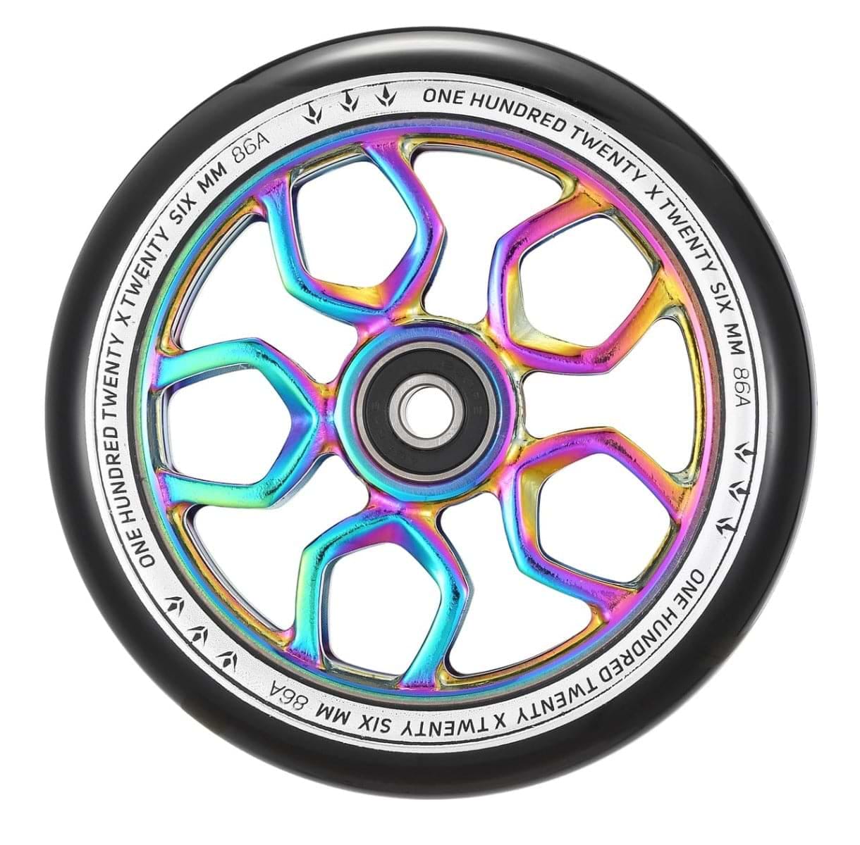 Introducing the Blunt Envy Lambo 120mm Stunt Scooter Wheel in Oil Slick Neochrome, featuring a black outer rim and a glossy, multi-colored metallic inner core. Designed for maximum grip, its intricate geometric design ensures top performance. The text on the rim reads "ONE HUNDRED TWENTY SIX MM 86A.