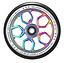 Introducing the Blunt Envy Lambo 120mm Stunt Scooter Wheel in Oil Slick Neochrome, featuring a black outer rim and a glossy, multi-colored metallic inner core. Designed for maximum grip, its intricate geometric design ensures top performance. The text on the rim reads "ONE HUNDRED TWENTY SIX MM 86A.