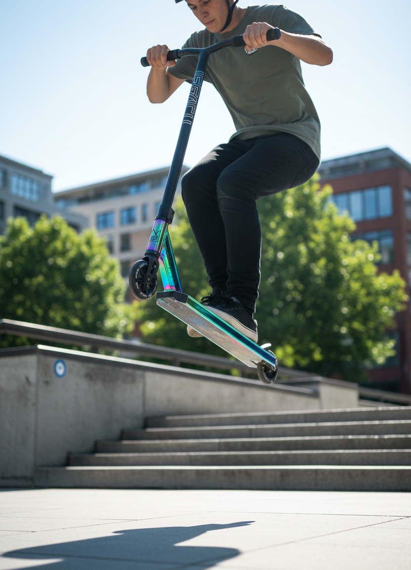 A helmeted rider in casual clothes jumps at an outdoor skate park on the Legacy 1.5 Pro Ventus Complete Stunt Scooter (Rainbow Neochrome/Black) by Legacy, with stairs and trees in the sunny background.