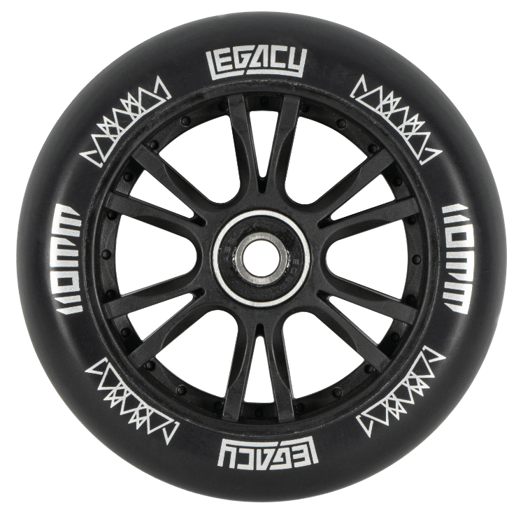 The Legacy 1.5 Pro Ventus Complete Stunt Scooter in Rainbow Neochrome/Black features striking white geometric designs on its black wheel with "LEGACY" and "110MM" printed on both sides, plus a metal core with multiple spokes—perfect for the skatepark.