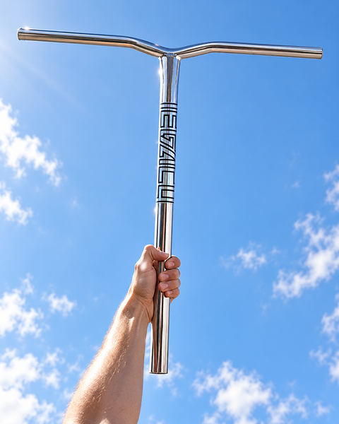A hand holds polished chrome Legacy Ventus Steel Standard IHC Stunt Scooter Bars in a T-shape against a bright blue sky.