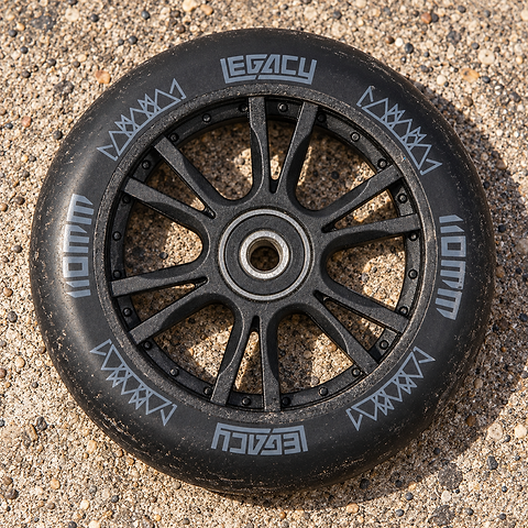 Legacy Ventus 110mm Stunt Scooter Wheel in black with a ten-spoke core and branded lettering on the tire.