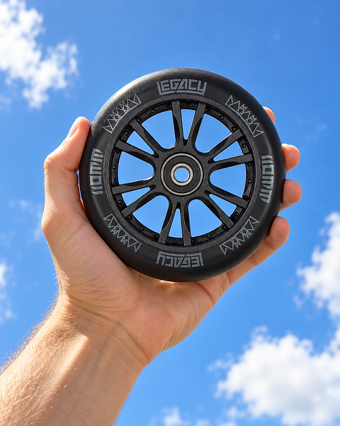 A hand holds a black Legacy Ventus 110mm Stunt Scooter Wheel against a blue, cloudy sky.