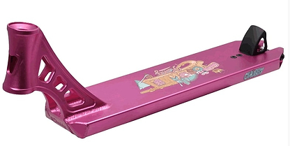 The Chubby Loco Doughnut King Pink Stunt Scooter Deck by Chubby showcases a pink deck adorned with intricate graphics of a vibrant character and various objects. Designed for stunt enthusiasts, this lightweight scooter deck features cut-out designs at the front and is equipped with a black rear brake.