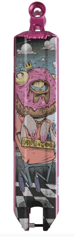 The Chubby Loco Doughnut King Pink Stunt Scooter Deck, measuring 4.5" x 19.5", showcases a colorful cartoon character with a donut head, adorned with a crown and holding an "Employee of the Month" sign. This vibrant, whimsical design features clouds and a cityscape, making it perfect for adding flair to your ride.