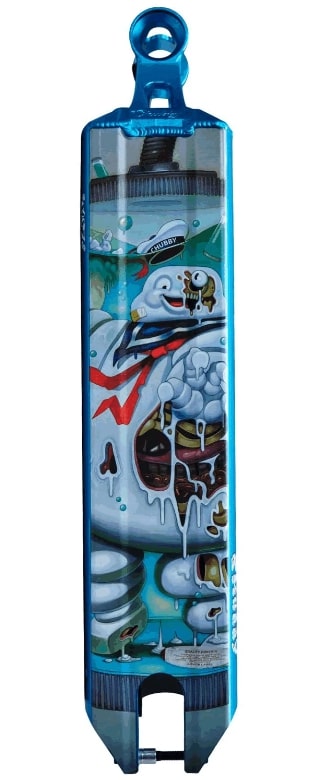 The Chubby Loco Marshmallow Boy Blue Stunt Scooter Deck, measuring 4.5" x 19.5", showcases a high-quality and colorful cartoon design of a melting snowman wearing a black hat and red scarf against a winter backdrop. This lightweight deck predominantly features blue hues with intricate detailing.
