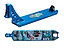 The Chubby Loco Marshmallow Boy Blue Stunt Scooter Deck, measuring 4.5" x 19.5", is a lightweight option designed in blue with a dynamic, colorful graphic on the underside. This artwork showcases abstract shapes and lively cartoon characters. The top side is plain blue, featuring cut-out designs near the neck and branded with a logo at the rear—ideal for any stunt scooter enthusiast seeking high quality.