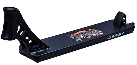 A black stunt scooter deck with angular cutouts, artistic designs featuring abstract shapes, and the word "CHUBBY" on its side highlights the unique style of the Chubby Loco Serpent Black Stunt Scooter Deck.