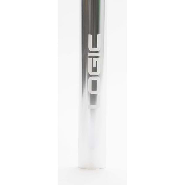 Close-up of a metal cylinder with "LOGIC" printed vertically in bold white letters on a reflective surface, highlighting the lightweight design of the Logic Axis V2 Aluminium Oversized IHC Stunt Scooter Bars in Chrome. The sleek 610mm x 610mm aluminium bars stand out against the plain white background.