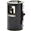 A black cylinder with white text, precisely crafted using CNC machining, featuring the Logic V2 4 Bolt Oversized SCS Stunt Scooter Clamp by Logic for optimal lightness and performance.