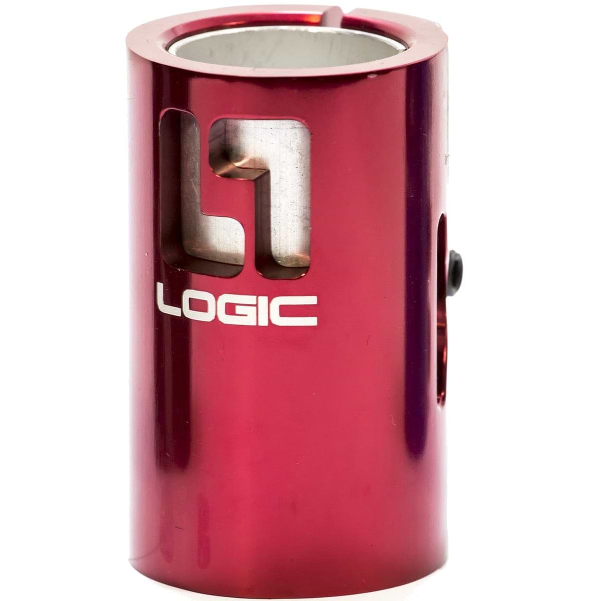 The Logic V2 4 Bolt Oversized SCS Stunt Scooter Clamp in red features a cylindrical metal design with "LOGIC" printed in white and a stylized "L1" logo cut out. This lightweight clamp is CNC machined, includes a side hole with a bolt, and boasts a sleek, polished finish.