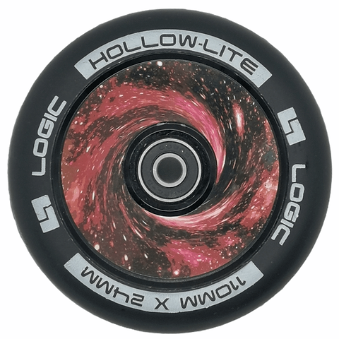 The Logic Hollow Lite 110mm Stunt Scooter Wheel - Vortex Red displays cutting-edge Hollow Lite technology in its circular design. The center is adorned with a mesmerizing red and pink galaxy-like swirl pattern, while the black outer edge is inscribed with "LOGIC HOLLOW-LITE 110MM X 24MM," promising exceptional performance complemented by ABEC 11 bearings.