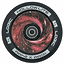The Logic Hollow Lite 110mm Stunt Scooter Wheel - Vortex Red displays cutting-edge Hollow Lite technology in its circular design. The center is adorned with a mesmerizing red and pink galaxy-like swirl pattern, while the black outer edge is inscribed with "LOGIC HOLLOW-LITE 110MM X 24MM," promising exceptional performance complemented by ABEC 11 bearings.