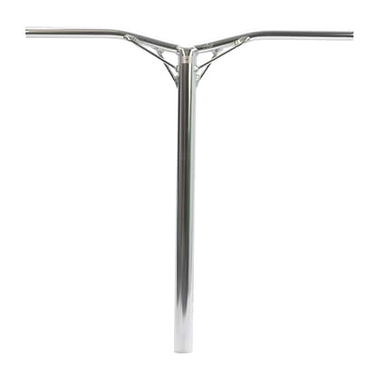 The Logic Axis V2 Aluminium Oversized IHC Stunt Scooter Bars, available in a chrome finish, showcase a sleek T-shaped design made from aluminium. These 610mm x 610mm handlebars are reinforced near the top crossbar, offering a lightweight and minimalist aesthetic that stands out against a plain white background.