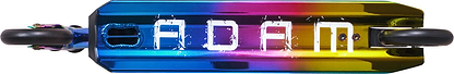 Introducing the eye-catching Longway Adam Complete Stunt Scooter - Neochrome: a scooter with a colorful neochrome finish transitioning through shades of blue, purple, pink, and yellow. The name "ADAM" is prominently displayed in bold white distressed letters. Equipped with sleek black wheels visible at both ends, this lightweight scooter from Longway offers an ideal combination of style and stability for beginners.