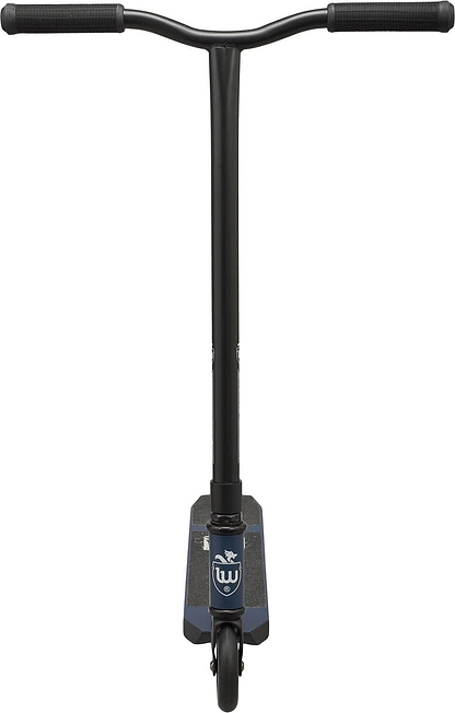 A Midnight Blue Longway Adam Complete Stunt Scooter viewed from the front showcases a T-shaped handlebar with grips, a single front wheel, and a deck adorned with a logo design. Lightweight and perfect for beginners, this scooter features a sleek, minimalist aesthetic.