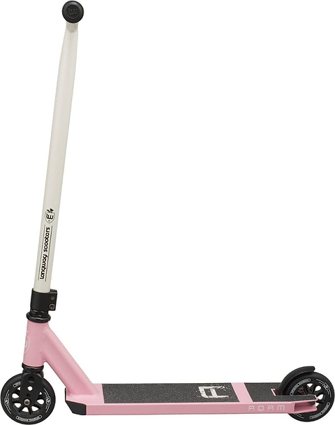 The Longway Adam Complete Stunt Scooter - White / Pink is ideal for younger riders, showcasing a sleek, simple design with a pink and white color scheme. It features an aluminium deck for enhanced durability, black wheels for smooth rides, and a textured footplate to ensure grip. The handlebars are fitted with comfortable black grips.
