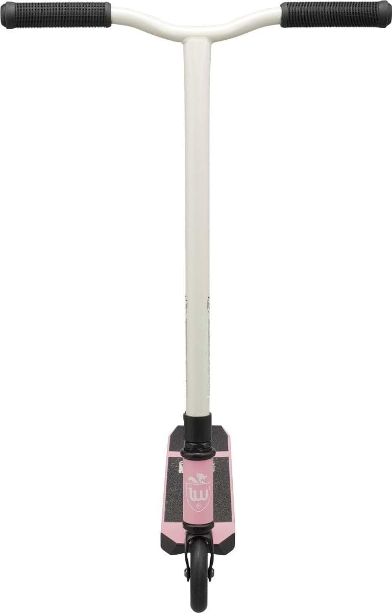 The Longway Adam Complete Stunt Scooter in white and pink is ideal for younger riders, featuring a striking pink aluminum deck and T-shaped handlebars for secure grip. Its front wheel demonstrates smooth riding capabilities, while the scooter's logo enhances its stylish, adventurous appeal.