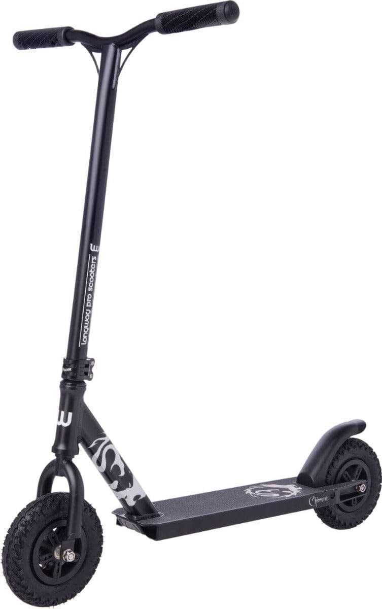 The Longway Chimera Complete Dirt Scooter in black is crafted for off-road adventures, featuring a wide handlebar and durable pneumatic tires. It showcases a graphic design on the deck and is elegantly displayed against a simple white backdrop.