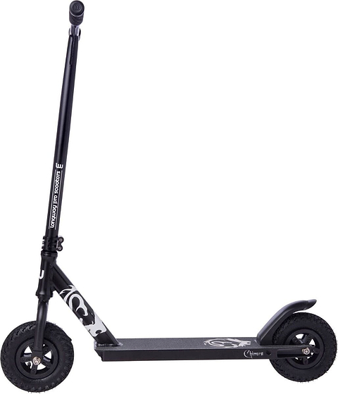 The Longway Chimera Complete Dirt Scooter - Black from Longway comes equipped with thick, durable pneumatic tyres ideal for tackling off-road tracks. It boasts a sleek deck and a robust T-shaped handlebar adorned with subtle white graphics, complemented by a straightforward brake on the rear wheel.