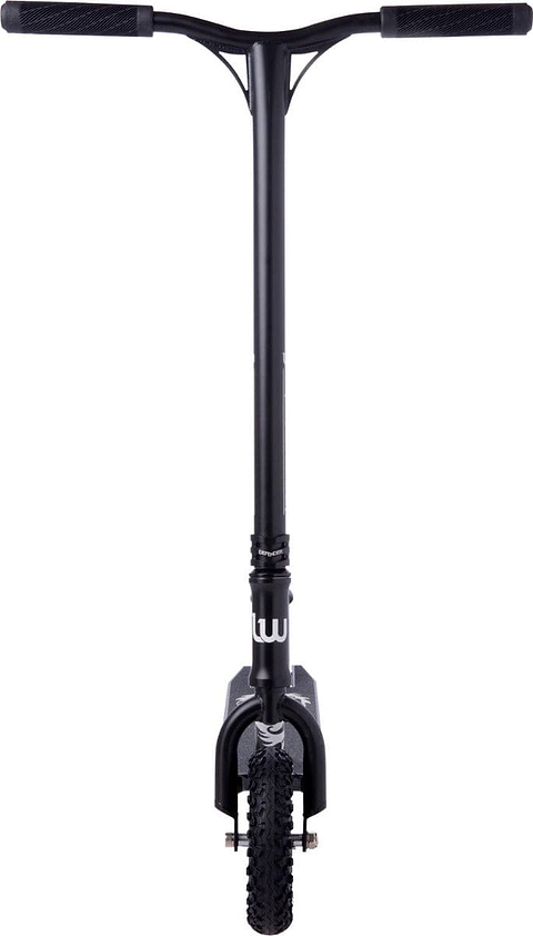 Front view of the Longway Chimera Complete Dirt Scooter - Black, showcasing its wide handlebar and robust textured front wheel. The sleek design is tailored for off-road tracks, with durable pneumatic tires and the Longway brand logo prominently displayed on the frame.