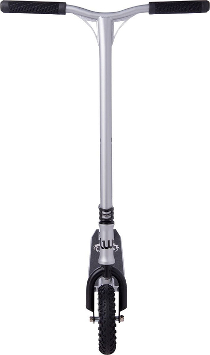 Front view of the Longway Chimera Complete Dirt Scooter in a sleek raw finish, designed for off-road tracks, featuring a straight handlebar and a single front wheel with pneumatic tires.