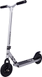 Introducing the Longway Chimera Complete Dirt Scooter - Raw, by Longway. This scooter features a sleek silver and black design with sturdy pneumatic tires for off-road adventures. It boasts a T-shaped handlebar with grip handles for enhanced control and stability. The deck displays an eye-catching graphic design, emphasizing its sporty aesthetic while standing upright in readiness for your next adventure.