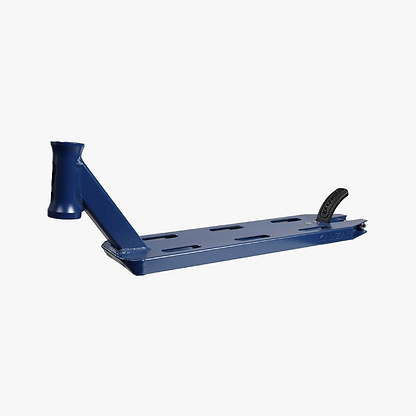 The Longway S-Line Kaiza+ Midnight Blue Stunt Scooter Deck, measuring 4.5" x 19", showcases a sleek and minimalist design in blue, with various cutouts to reduce weight and increase agility. Equipped with titanium bolts for added durability and a rear plastic brake, this deck is perfect for park riders seeking to perform tricks and stunts confidently.
