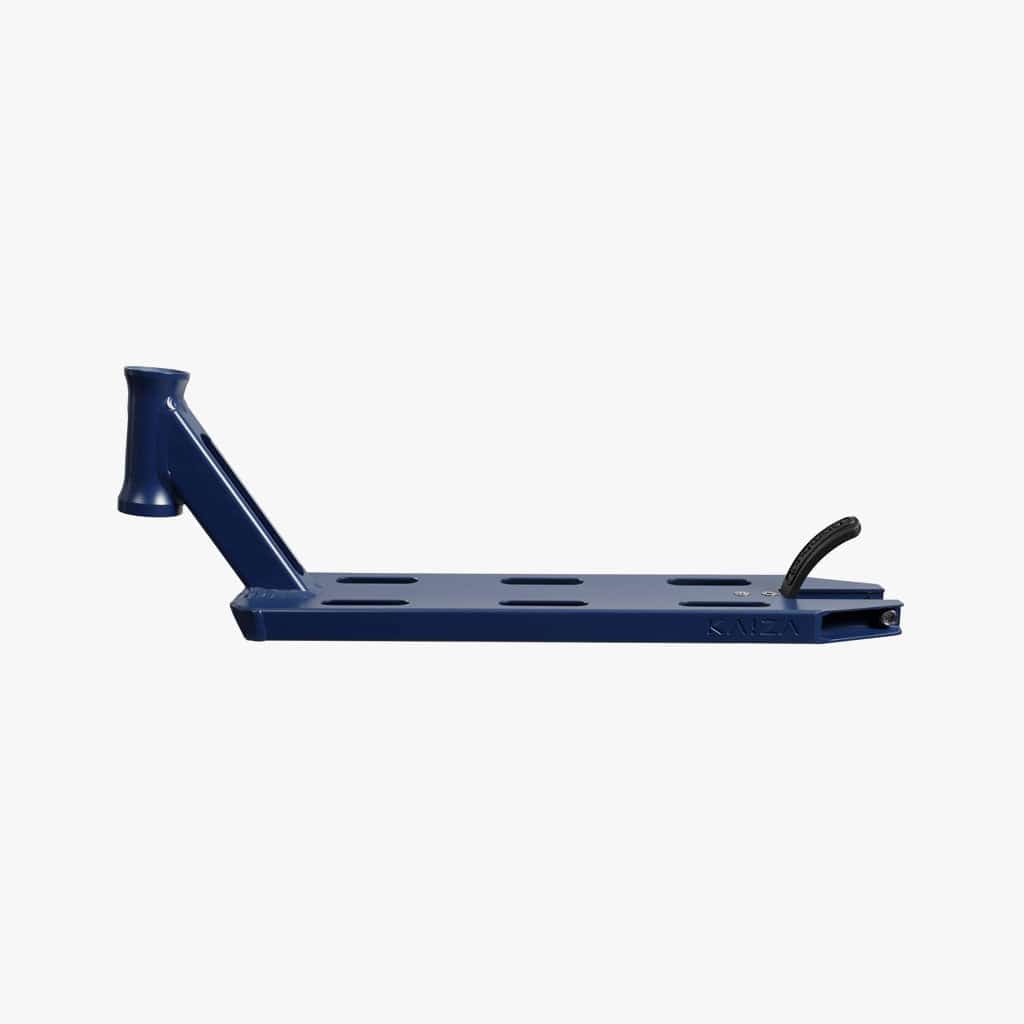 Introducing the Longway S-Line Kaiza+ Midnight Blue Stunt Scooter Deck, measuring 4.5" x 19". This deck is crafted with a sleek design featuring multiple slots, a hook on the right side, and titanium bolts for enhanced durability. Its robust construction makes it perfect for organizing tools or park riders' gear against a plain white background.