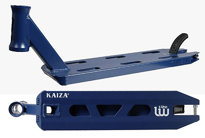 The Longway S-Line Kaiza+ Midnight Blue Stunt Scooter Deck, measuring 4.5" x 19", is perfect for park riders with its striking blue metal finish and logo cutouts. The top features a foot grip area with three slots, while the side displays the "KAIZA+" branding and another logo next to an angular rear wheel slot. It comes equipped with durable titanium bolts for added strength.