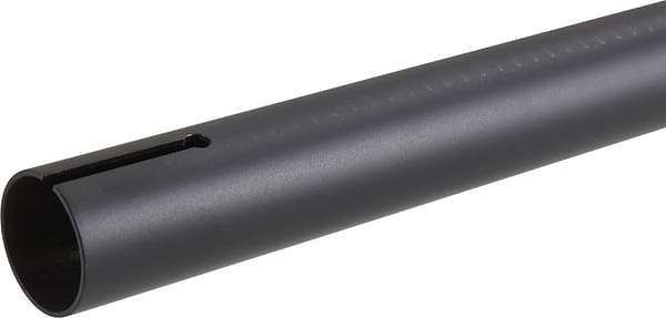 A close-up view of the sleek, black Longway Kronos Titanium Oversized HIC Stunt Scooter T-Bars, displaying a narrow slot running along their 650mm x 610mm length. The surface appears smooth and slightly reflective against the plain white background, highlighting their structure.