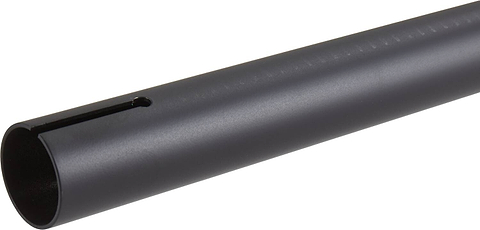 A sleek black metal tube with a narrow slit down its length, reminiscent of the Longway Kronos Titanium Oversized HIC Stunt Scooter T-Bars in black (700mm x 610mm), is viewed against a pristine white background.