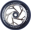 A close-up image of a Longway Scorpion 110mm Stunt Scooter Wheel in chrome, highlighting its metallic, intricately designed dual-core. The black tire displays "LONGWAY" and "SCORPION" in white on the outer rim, featuring high-speed ABEC 9 bearings for a smooth ride.