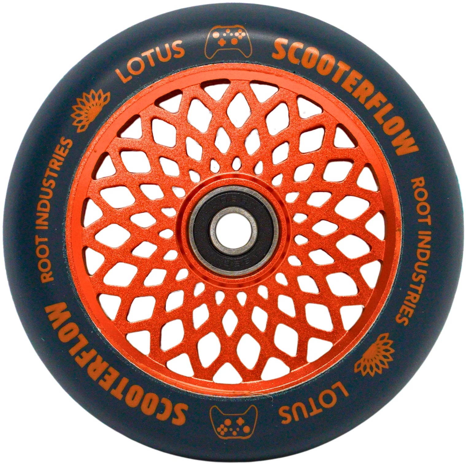 A blue and orange Root Industries Lotus 110mm Stunt Scooter Wheel showcasing an eye-catching lotus pattern at its center. The tire features the words “SCOOTERFLOW,” “ROOT INDUSTRIES,” and “LOTUS,” along with intricate lotus flower and game controller icons—an iconic design from Root Industries that’s perfect for scooter wheel enthusiasts.