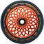 A blue and orange Root Industries Lotus 110mm Stunt Scooter Wheel showcasing an eye-catching lotus pattern at its center. The tire features the words “SCOOTERFLOW,” “ROOT INDUSTRIES,” and “LOTUS,” along with intricate lotus flower and game controller icons—an iconic design from Root Industries that’s perfect for scooter wheel enthusiasts.
