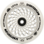 The Root Industries Lotus 110mm Stunt Scooter Wheel - White / White features a white design with an intricate black web-like pattern and is adorned with “SCOOTERFLOW,” “ROOT INDUSTRIES,” and “LOTUS” labels, as well as small lotus and game controller icons along the edge. Designed by Root Industries, this wheel is equipped with high-performance ABEC 11 bearings for both stylish looks and a smooth ride on your scooter setup.