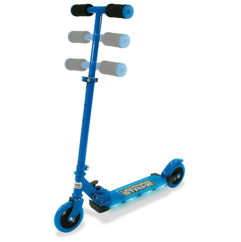 The Ozbozz Lightning Strike Foldable Light Up Kick Scooter in Black/Blue features adjustable handlebars, black grips, a blue frame, and an LED deck with the "LIGHTNING STRIKE" logo. It has spoke wheels for a smooth ride and a rear foot brake for safety.