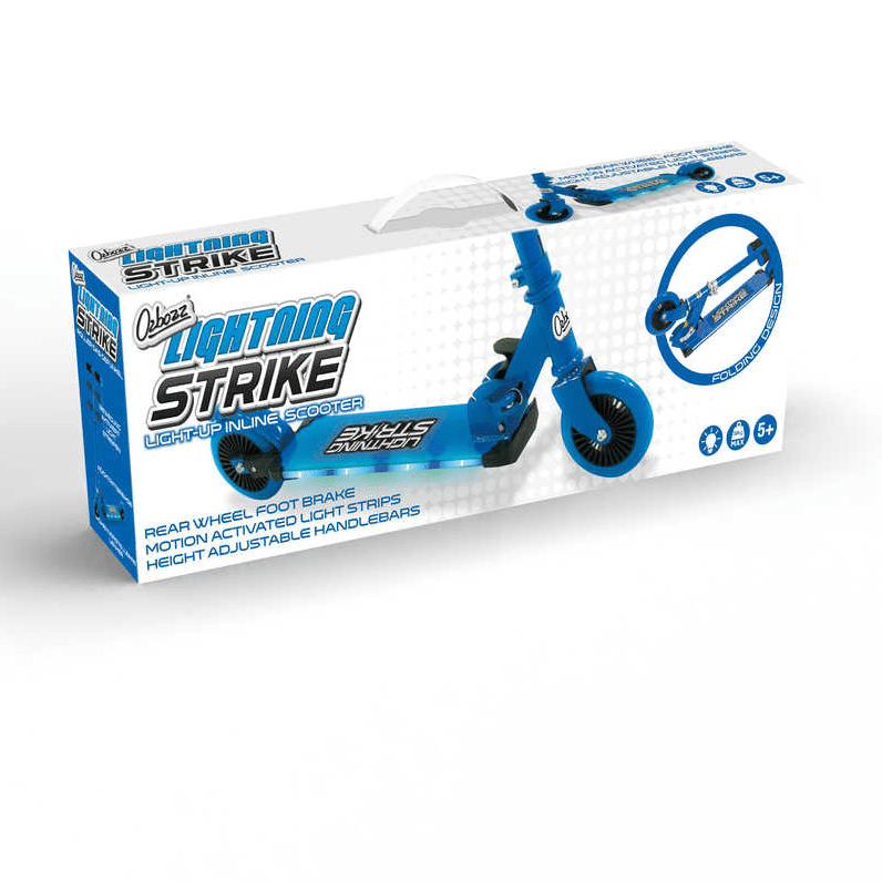 The "Ozbozz Lightning Strike Foldable Light Up Kick Scooter - Black / Blue" box displays a blue scooter with an LED deck, rear foot brake, and height-adjustable handlebars. Ideal for adventurous kids aged 5 and up.