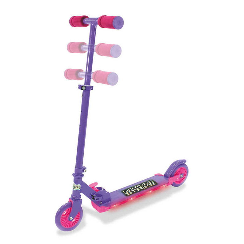 Introducing the Ozbozz Lightning Strike Foldable Light Up Kick Scooter in vibrant pink and purple. It features adjustable handlebars, dazzling pink wheels, and a deck with LED lights proudly displaying "Extreme Steering" for an electrifying ride experience.